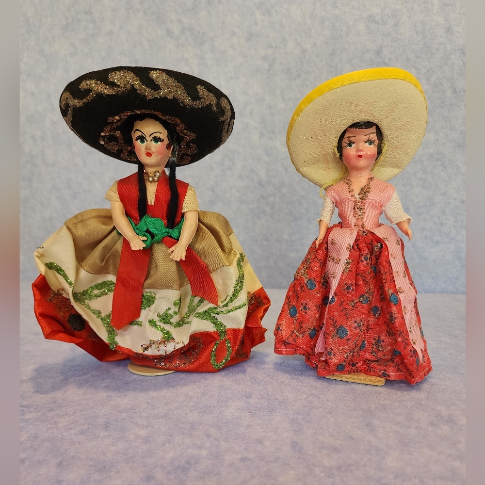 Mexican Dolls Vintage Hand Made Souvenir Folk Hispanic Art 8.5”